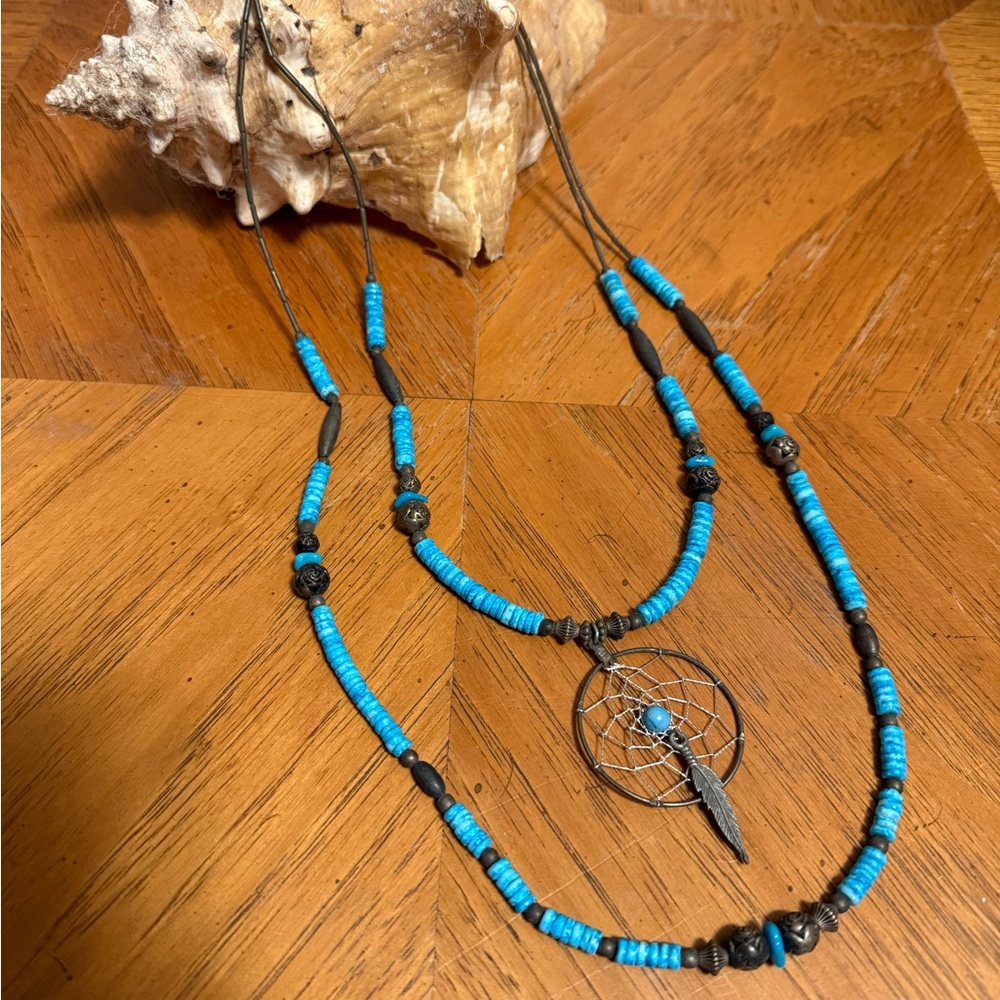 Vintage Beaded Turquoise double Necklace with Sun catcher Pendant & Inlay